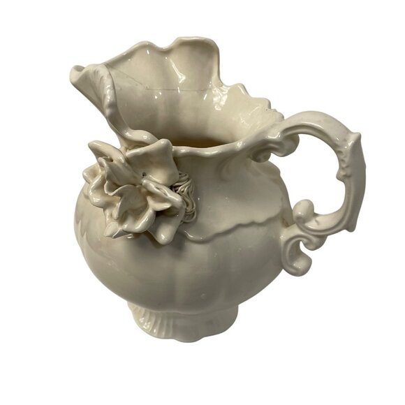 Vintage Ivory Ceramic Pitcher With Floral Accent Ornate Handle 8" x 8" Read - Picture 1 of 15